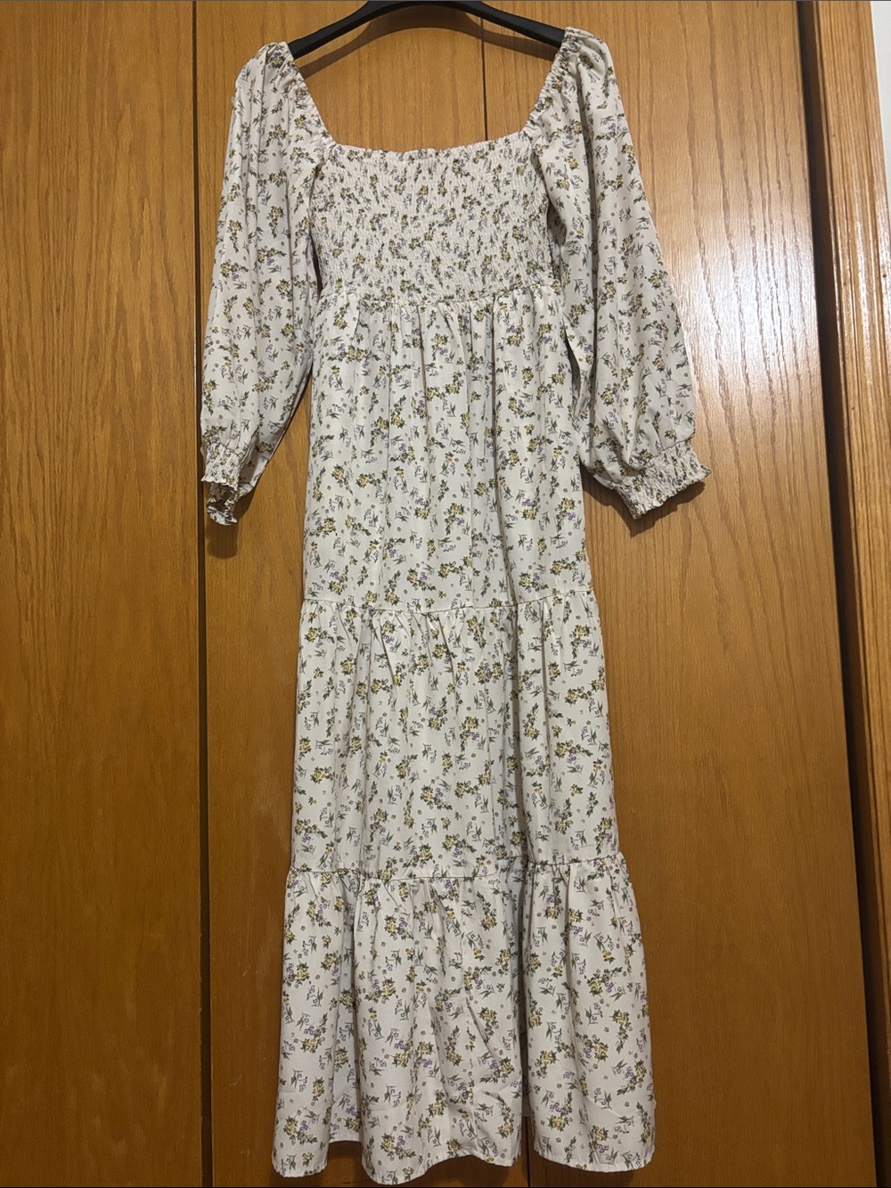 Smocked Floral Maxi Dress in Cream